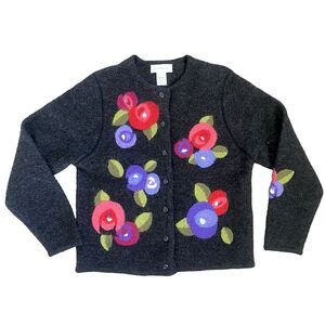 Vintage 100% Wool Floral Cardigan Sweater M Slow Cozy Cottage Fairy Cabin Granny